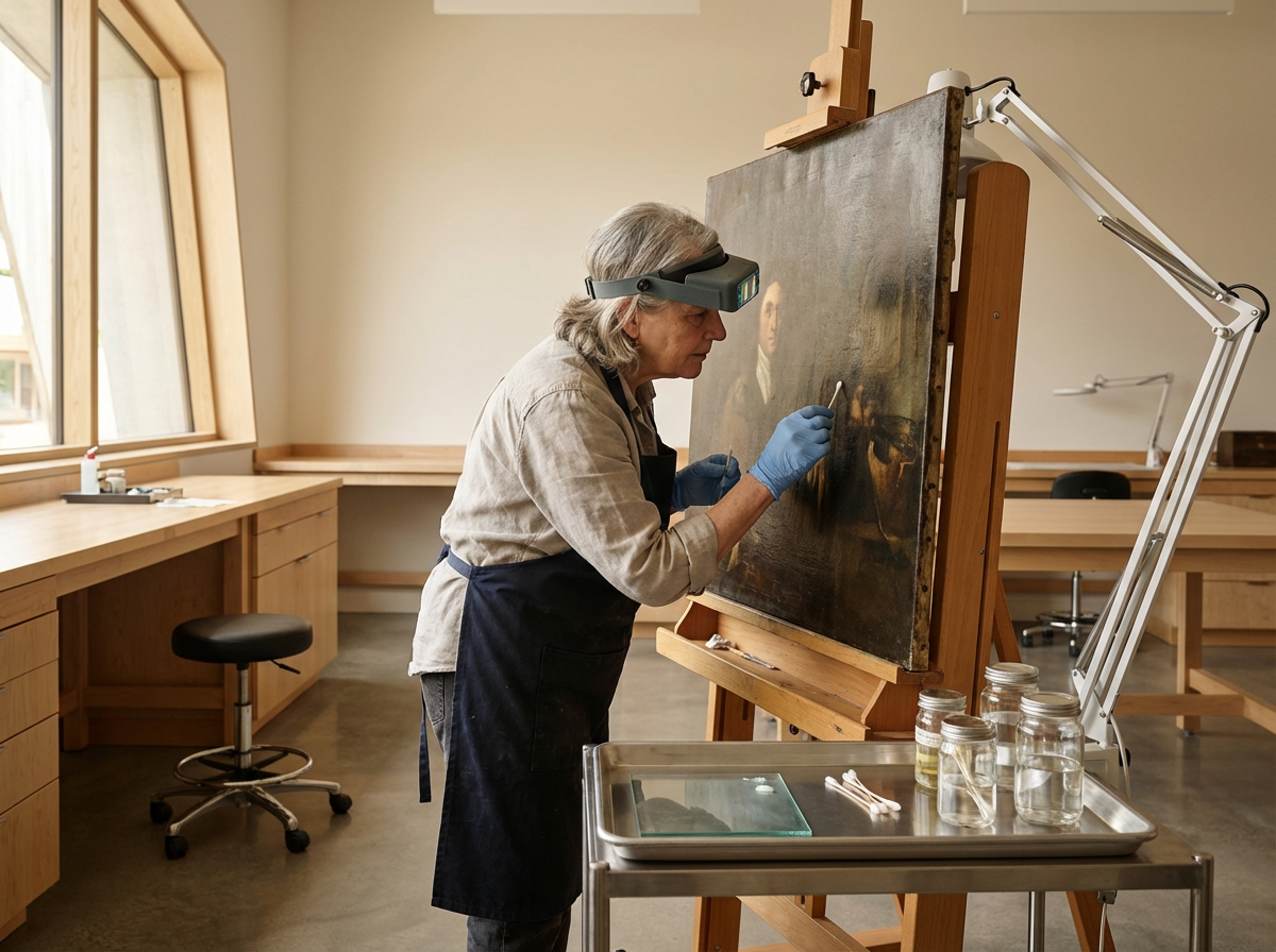 An elderly woman wearing a magnifying visor and gloves, carefully restoring a painting in an art conservation studio. She is using a small brush on the canvas, which is mounted on an easel. The studio has wooden furniture and jars of conservation materials on a nearby table.