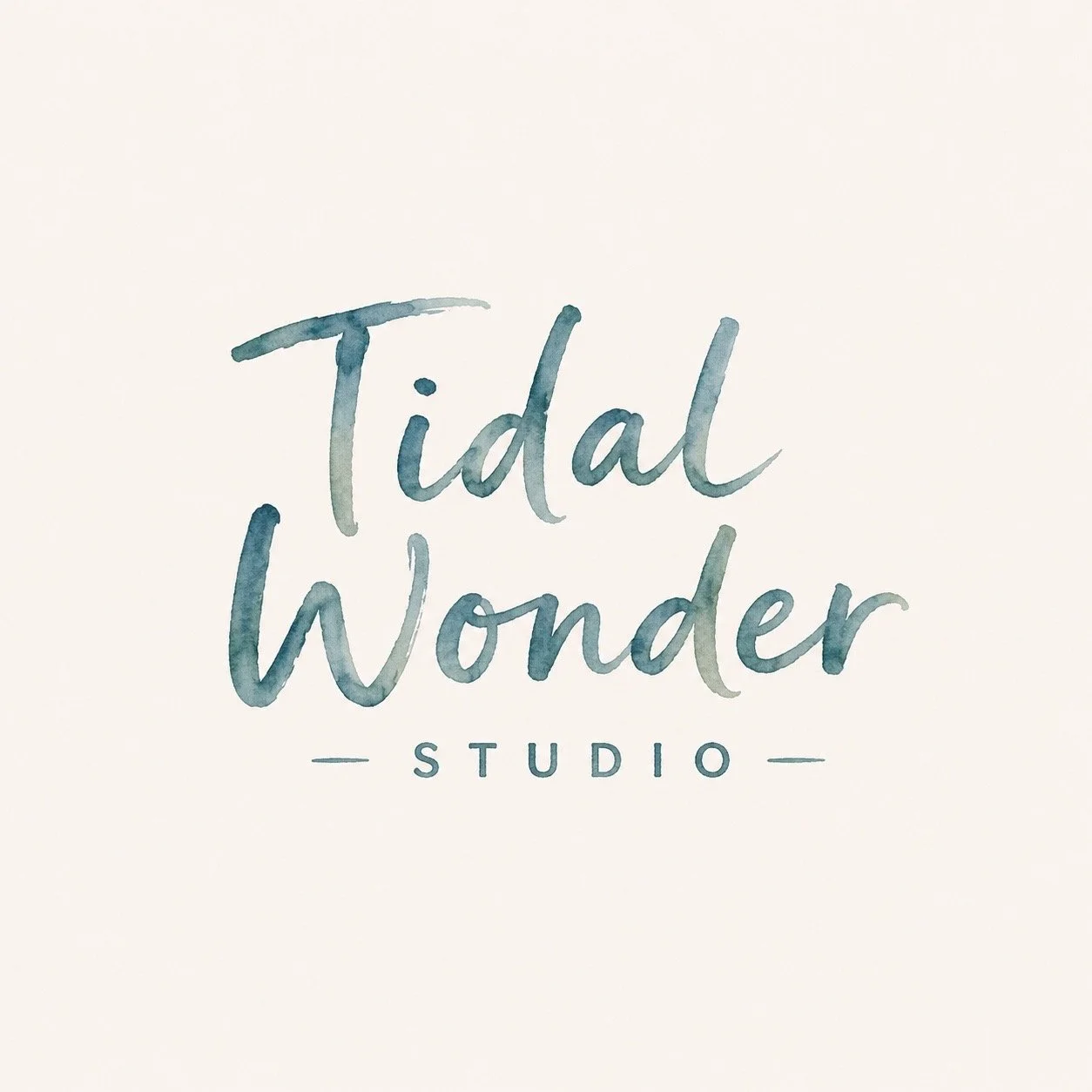 Watercolor logo for Tidal Wonder Studio with blue text on a beige background.