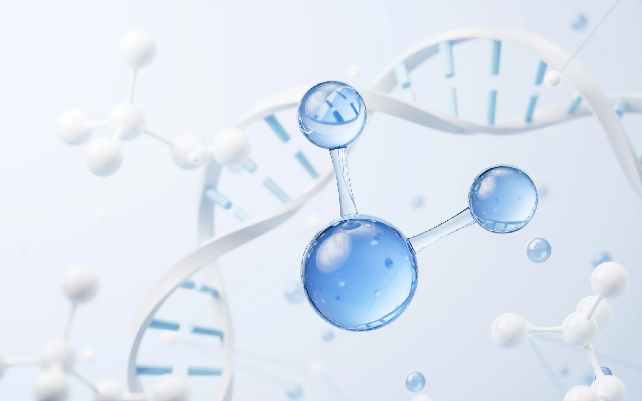 Illustration of a blue and white DNA double helix with molecular structures. GCSE Biology, A-level Biology, A-level Chemistry