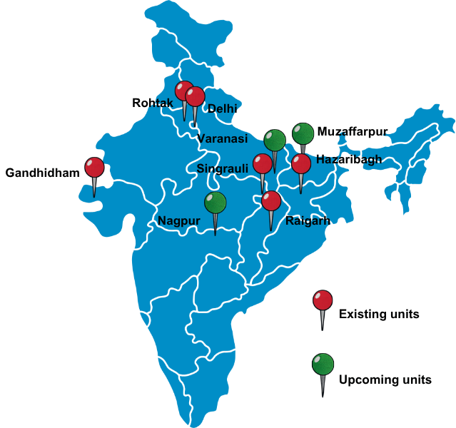 Map of India with various cities marked by red and green pins, including Delhi, Mumbai, Kolkata, Bangalore, Chennai, Hyderabad, and others.