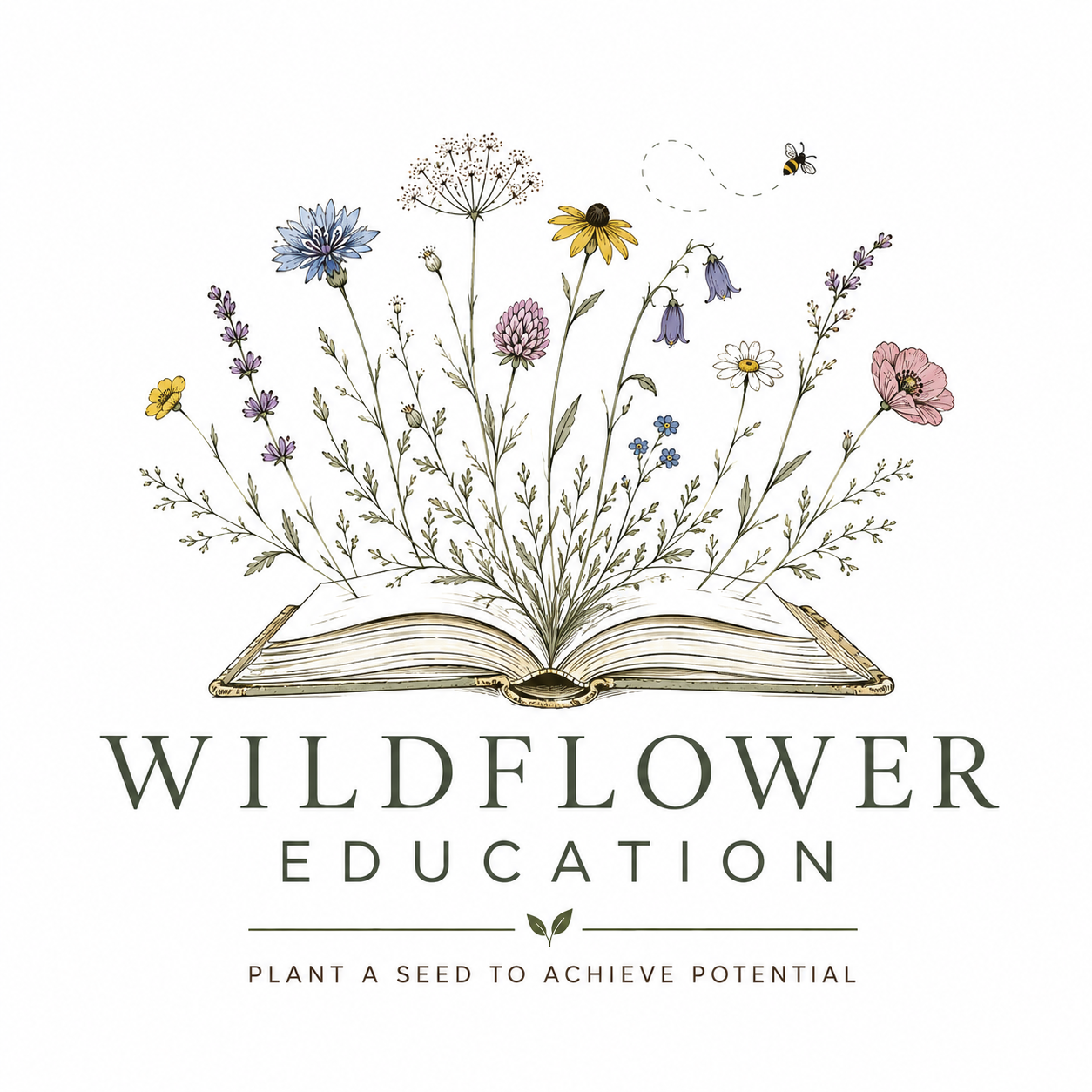 Logo for Wildflower Education featuring an open book with wildflowers blooming from it and the text 'Wildflower Education' and the tagline 'Plant a seed to achieve potential'.