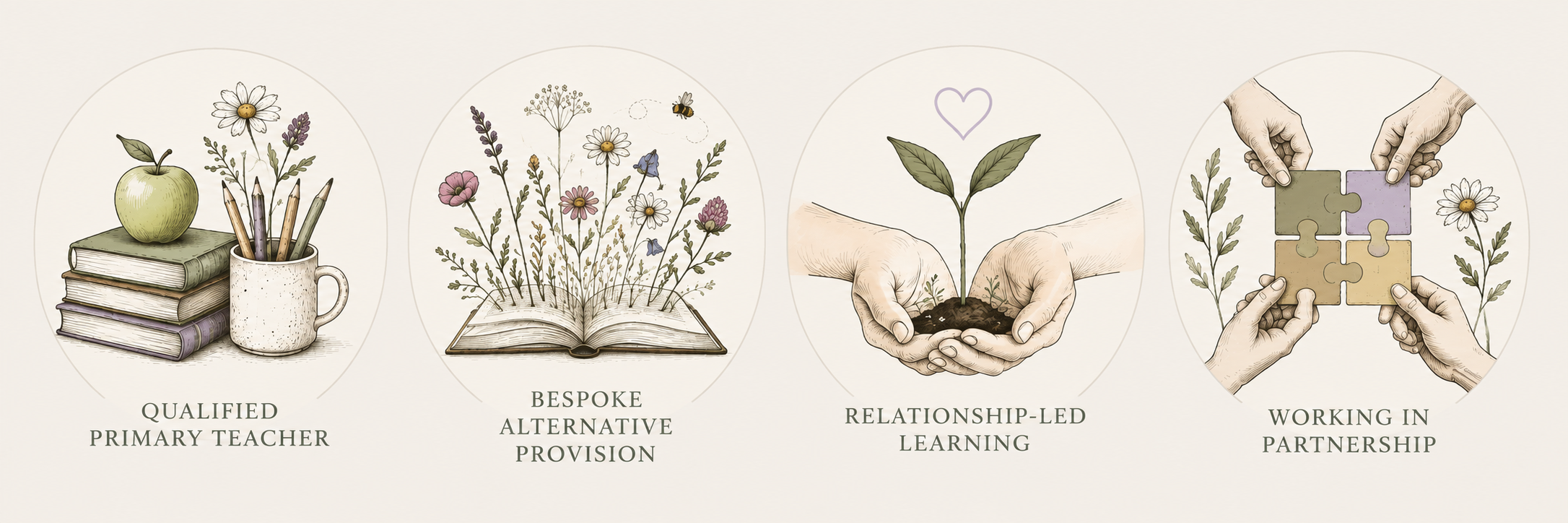 Illustration of four icons with text below, featuring: a stack of books, a cup with pencils and a green apple labeled "Qualified Primary Teacher," an open book with flowers and bees labeled "Bespoke Alternative Provision," two hands holding a small plant labeled "Relationship-Led Learning," and hands fitting puzzle pieces with leaves labeled "Working in Partnership."
