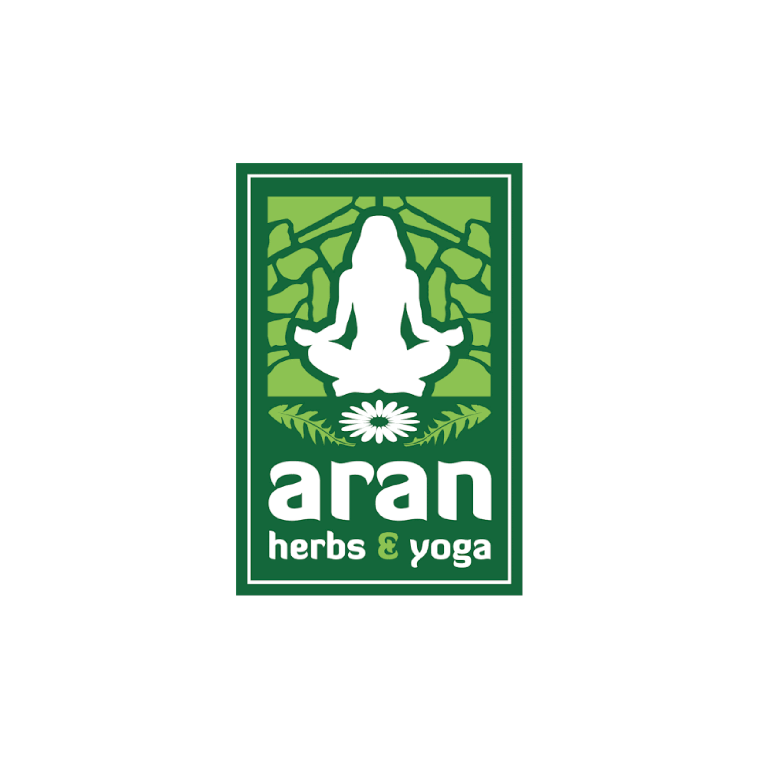 Green and white logo for Aran Herbs & Yoga with a white silhouette of a person in a yoga pose surrounded by green leaves and a daisy at the bottom.