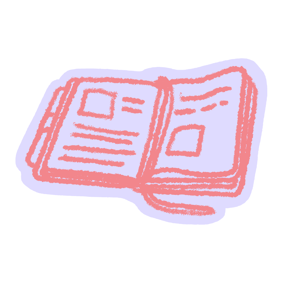 Drawing of an open book with various lines and squares on its pages, in pink and purple colors.