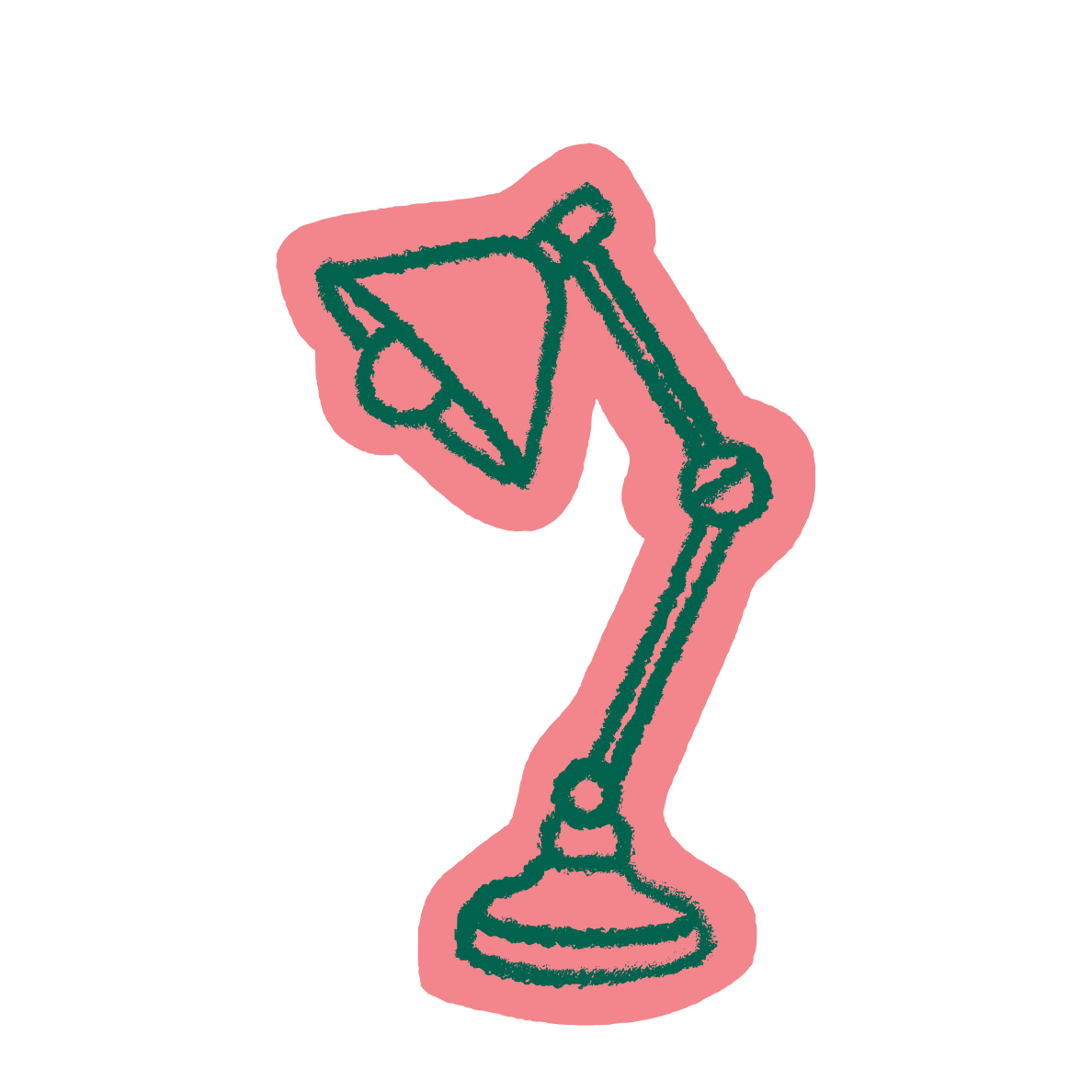 Illustration of a desk lamp with a pink outline and a dark teal interior, outlined with a textured, sketchy style.