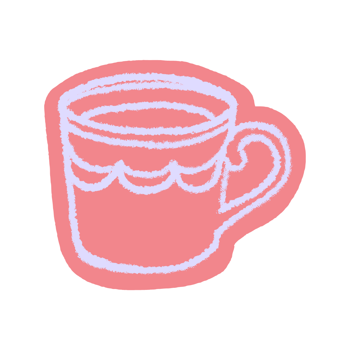 Simplified digital drawing of a pink coffee mug with a hot beverage inside, with a decorative scalloped design near the top.