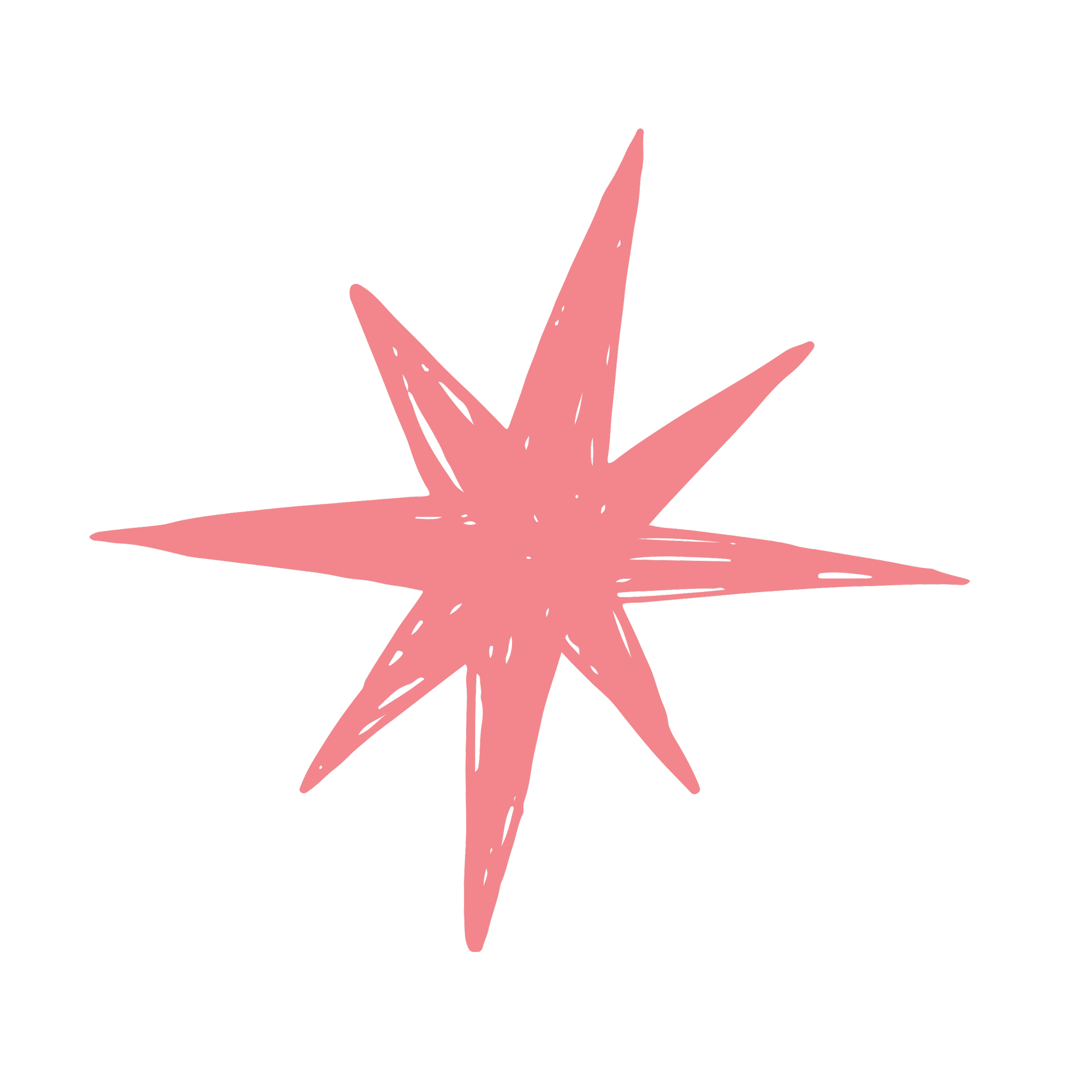 A stylized pink starburst shape on a black background.