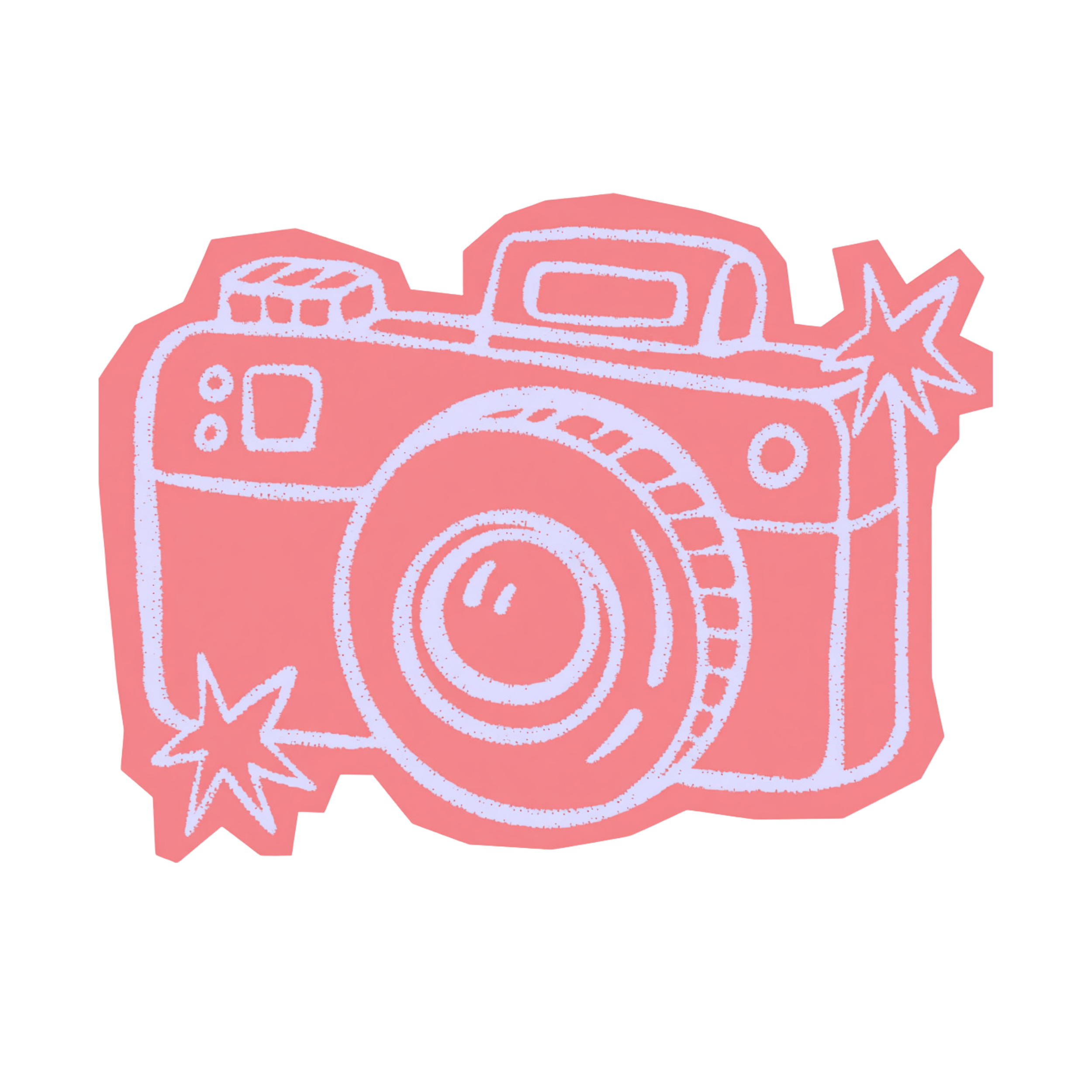 Digital illustration of a pink camera with a star and flower design on it.