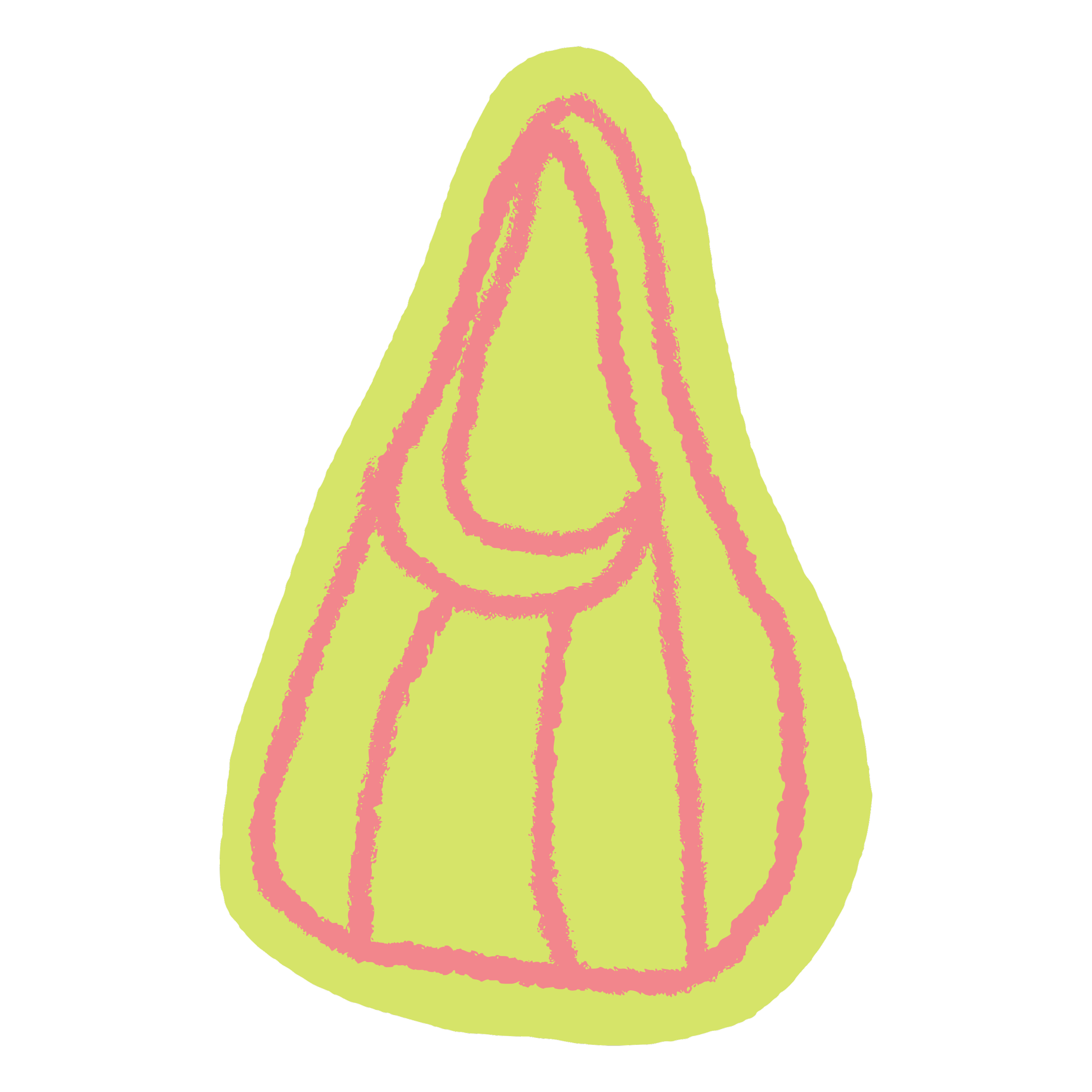A brightly colored, stylized onion with pink rings on a light yellow background, outlined with a black border.