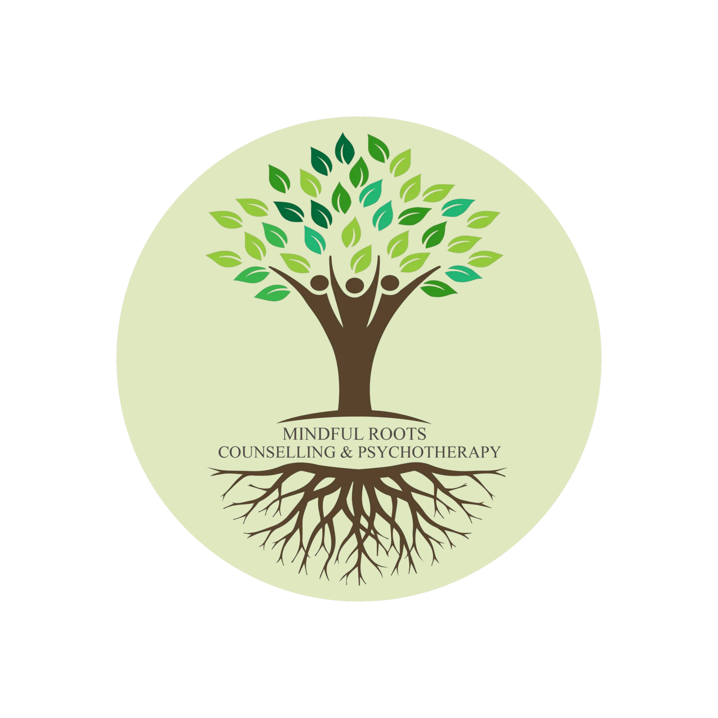 Logo for Mindful Roots Counseling and Psychotherapy featuring a stylized tree with green leaves and a brown trunk, set against a light green circular background.