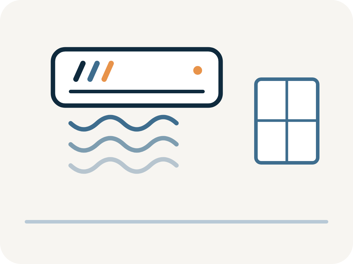 Illustration of a single room split air conditioner with wavy lines below it indicating cooling, and a window beside it.