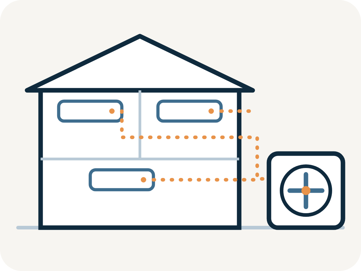 Illustration of a home with multiple internal air conditioning units and one external condenser
