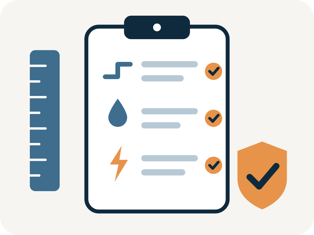 An engineering installation checklist on a clipboard with icons and checkmarks for vital cooling, heating, and energy, alongside a blue ruler and a shield representing quality assurance.