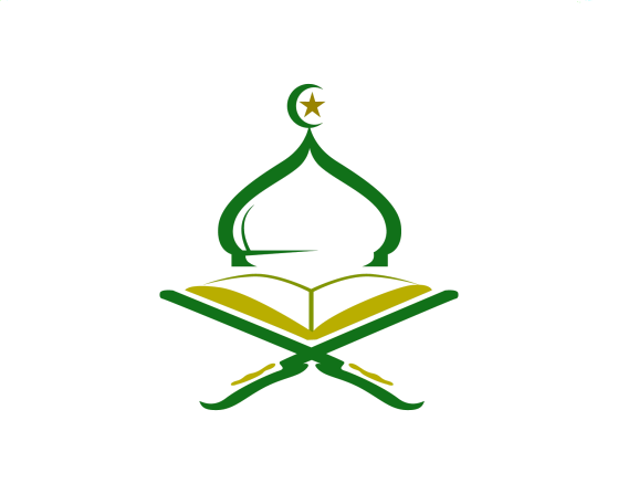 A green mosque dome with a crescent moon and star, over an open book with green and yellow pages, and two crossed green swords underneath.