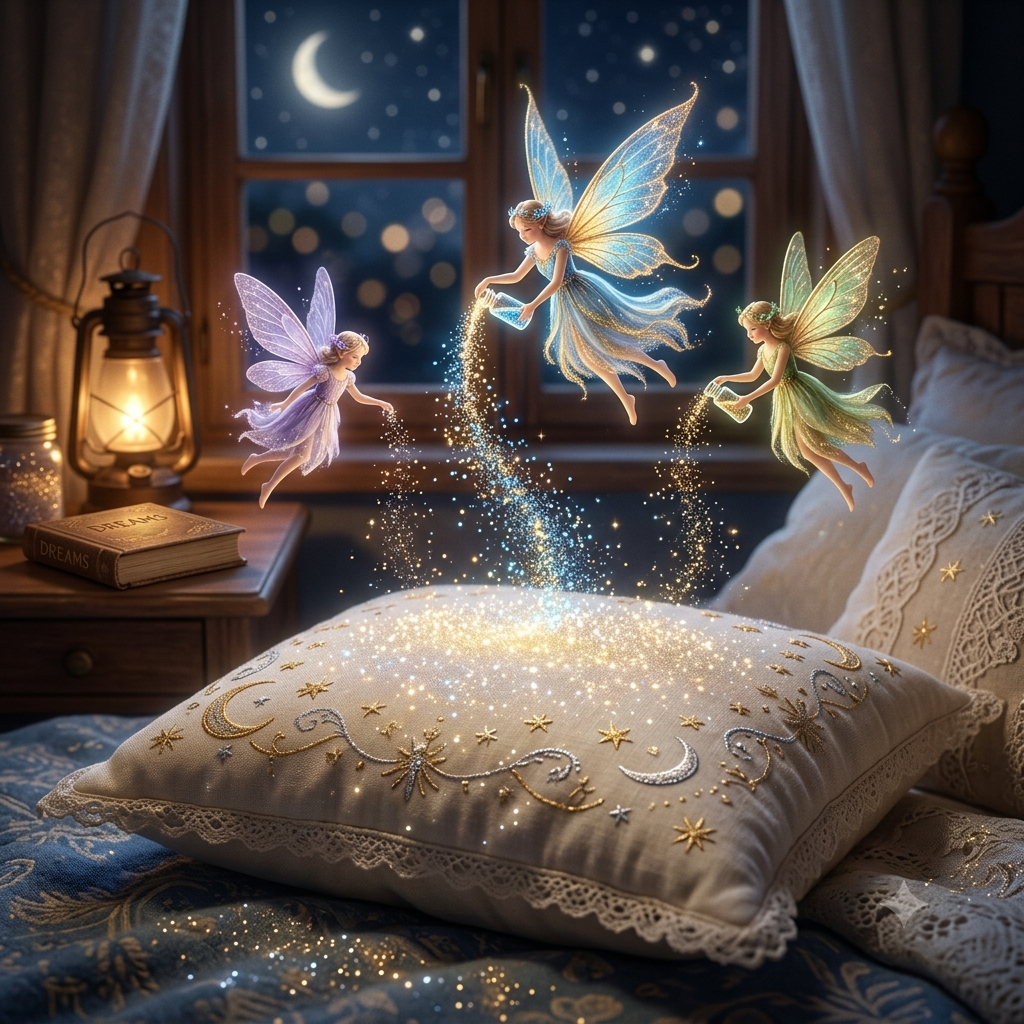 Fairy scene with three glowing fairies with butterfly wings, sprinkling magic dust onto a decorative pillow in a cozy bedroom at night with a window showing a moonlit sky.
