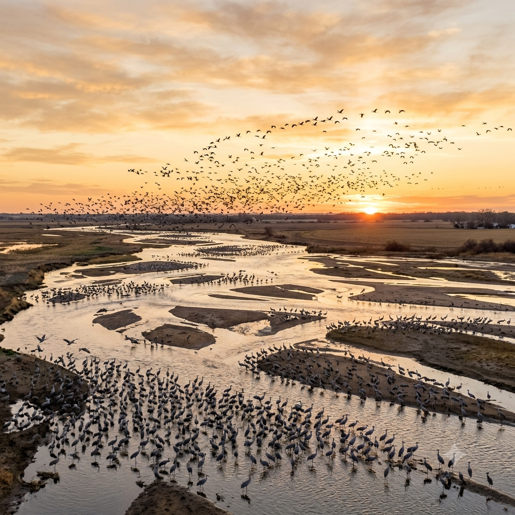 A large flock of birds flying over a river during sunset with fields and trees in the background.