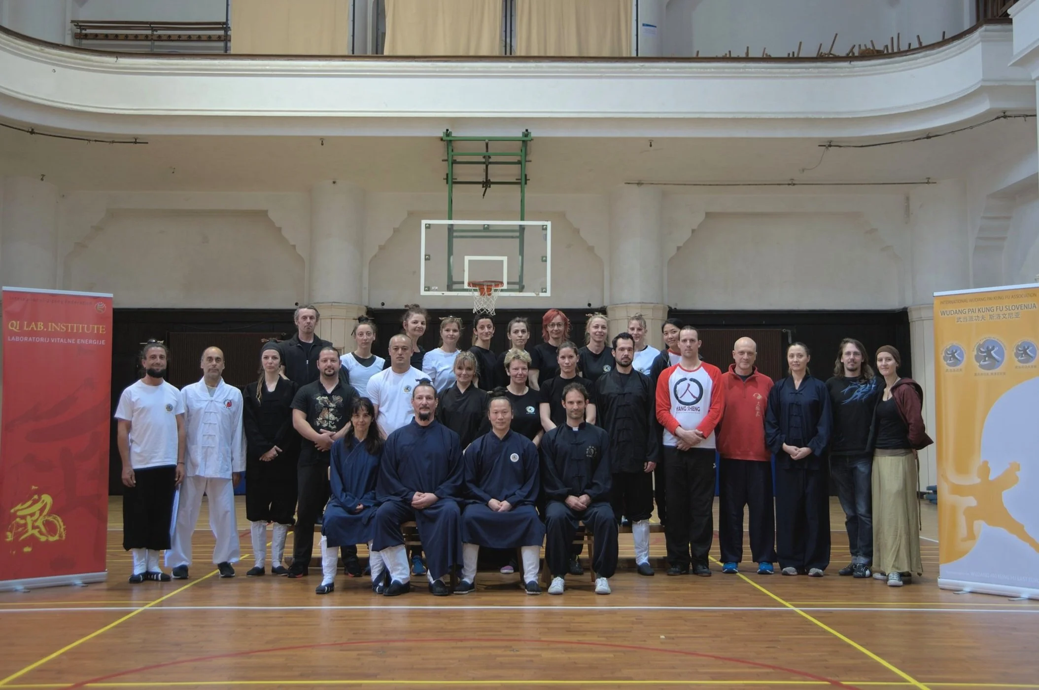Wudang Gong Dao group photo with students and teachers gathered in a gymnasium