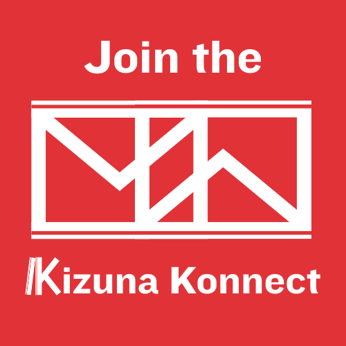 Red background with white text saying "Join the Kizuna Konnect" and a stylized logo with interconnected lines.