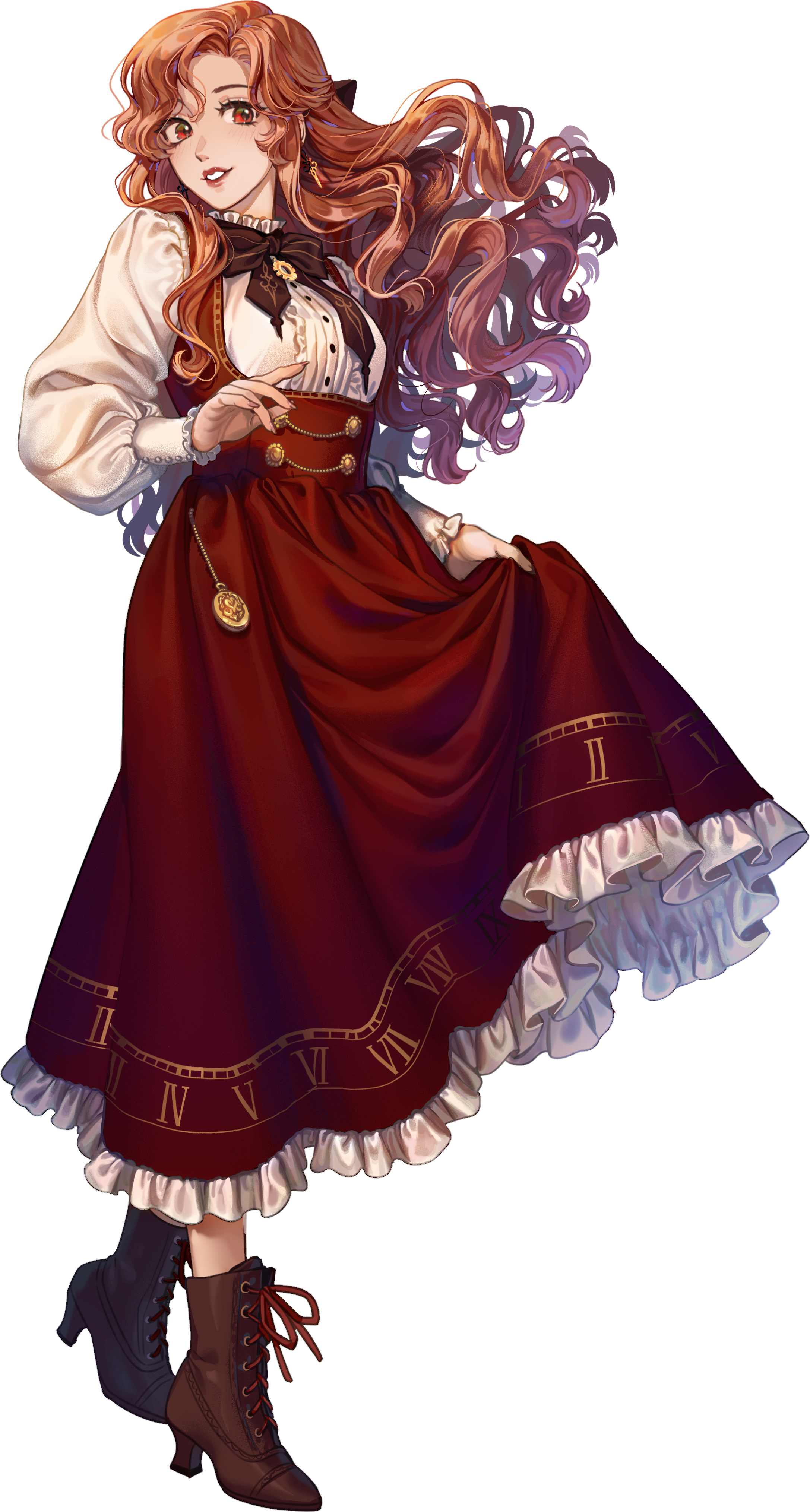 A young woman with long, curly auburn hair wearing a Victorian-inspired outfit with a red skirt decorated with Roman numerals and a white ruffled petticoat, combined with a cream blouse and a dark brown vest, accessorized with a brooch, a ribbon tie, and clock gear motifs, standing against a plain background.