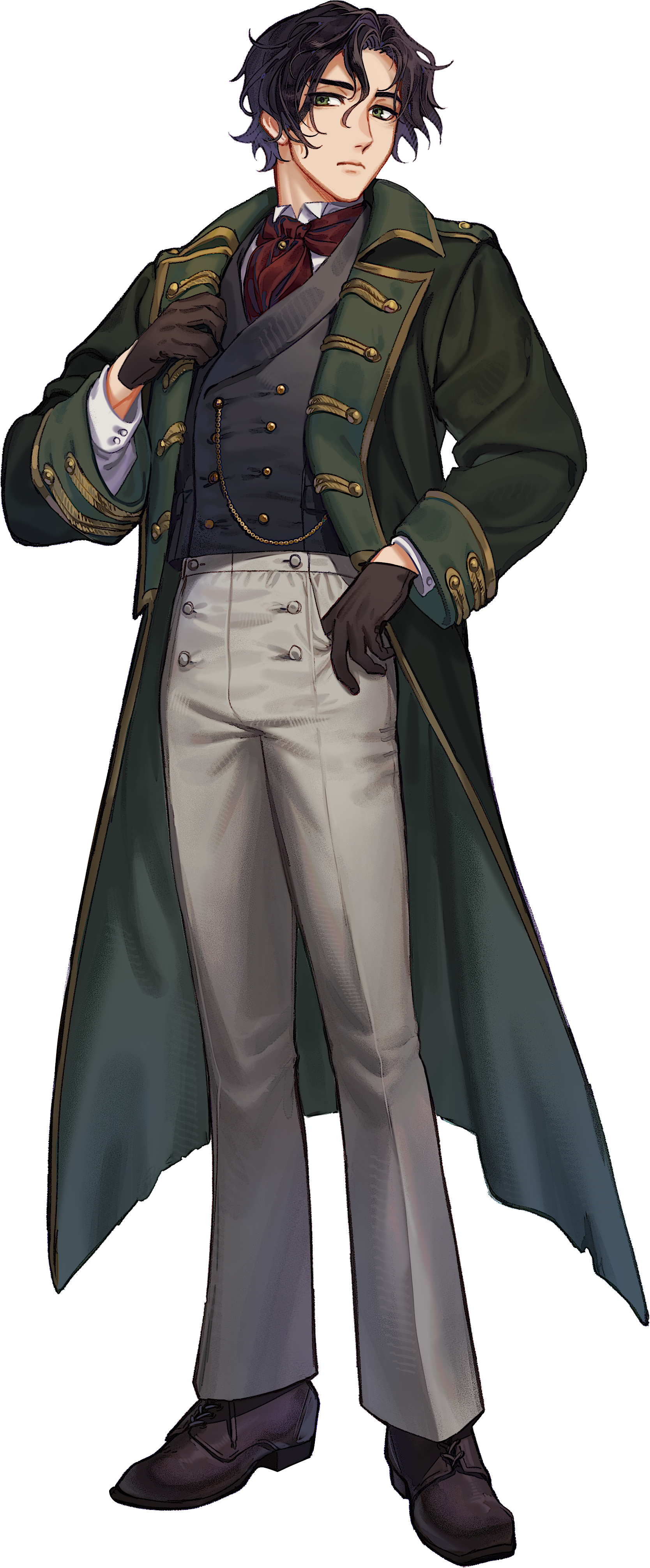 A male character in historical military-inspired attire, with dark, wavy hair, green eyes, wearing a long dark green coat with gold trim, a gray vest with brass buttons, a red necktie, a white shirt, gray trousers, and black shoes, holding a strap over his shoulder.