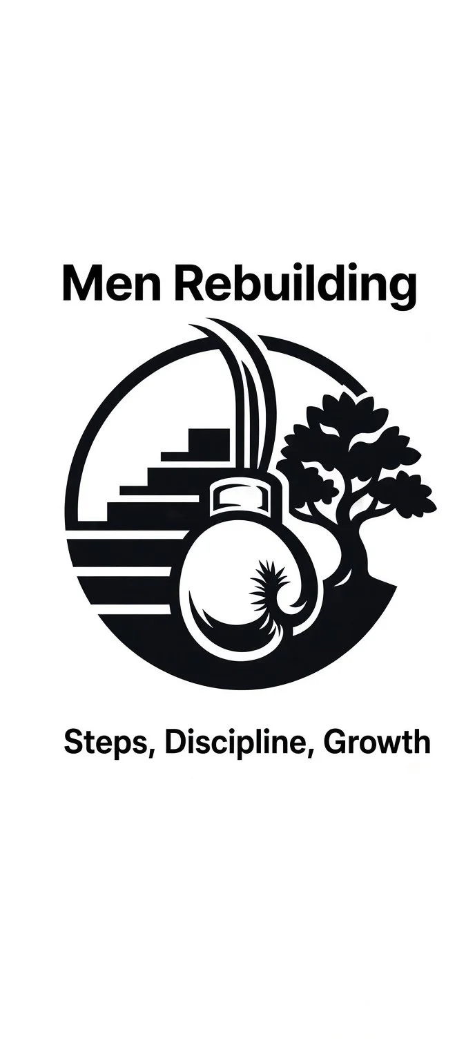 Black and white logo with stairs, a tree, and gym equipment, titled 'Men Rebuilding' with the tagline 'Steps, Discipline, Growth'.