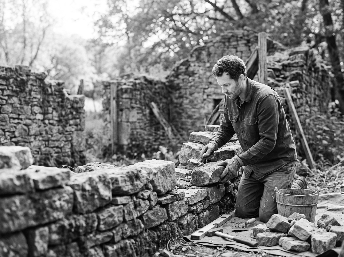 A man working on a stone wall outdoors, using tools to assemble the stones, with old stone structures and trees in the background.