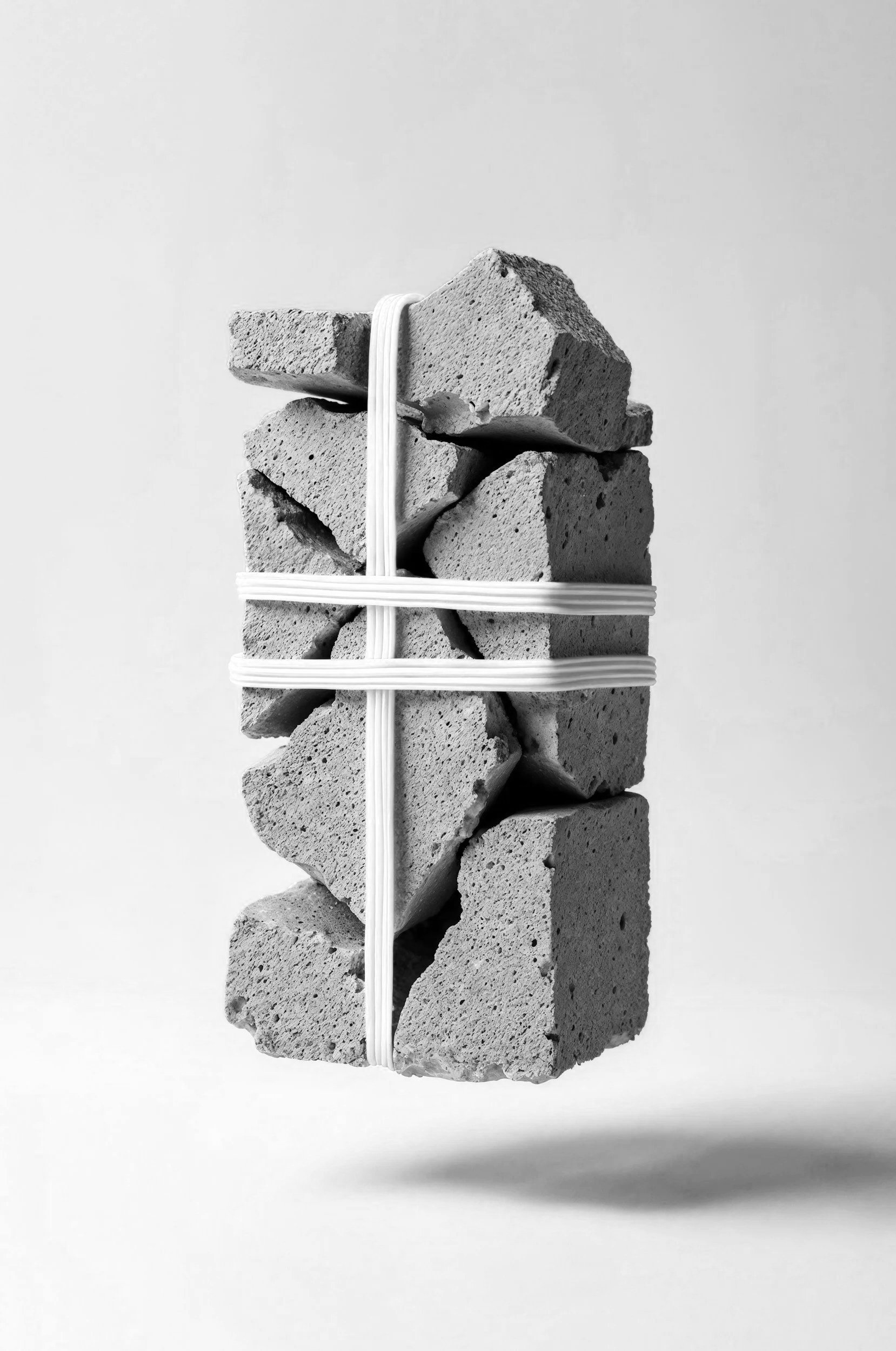 A stack of irregularly shaped concrete blocks held together with white plastic zip ties, set against a plain background.