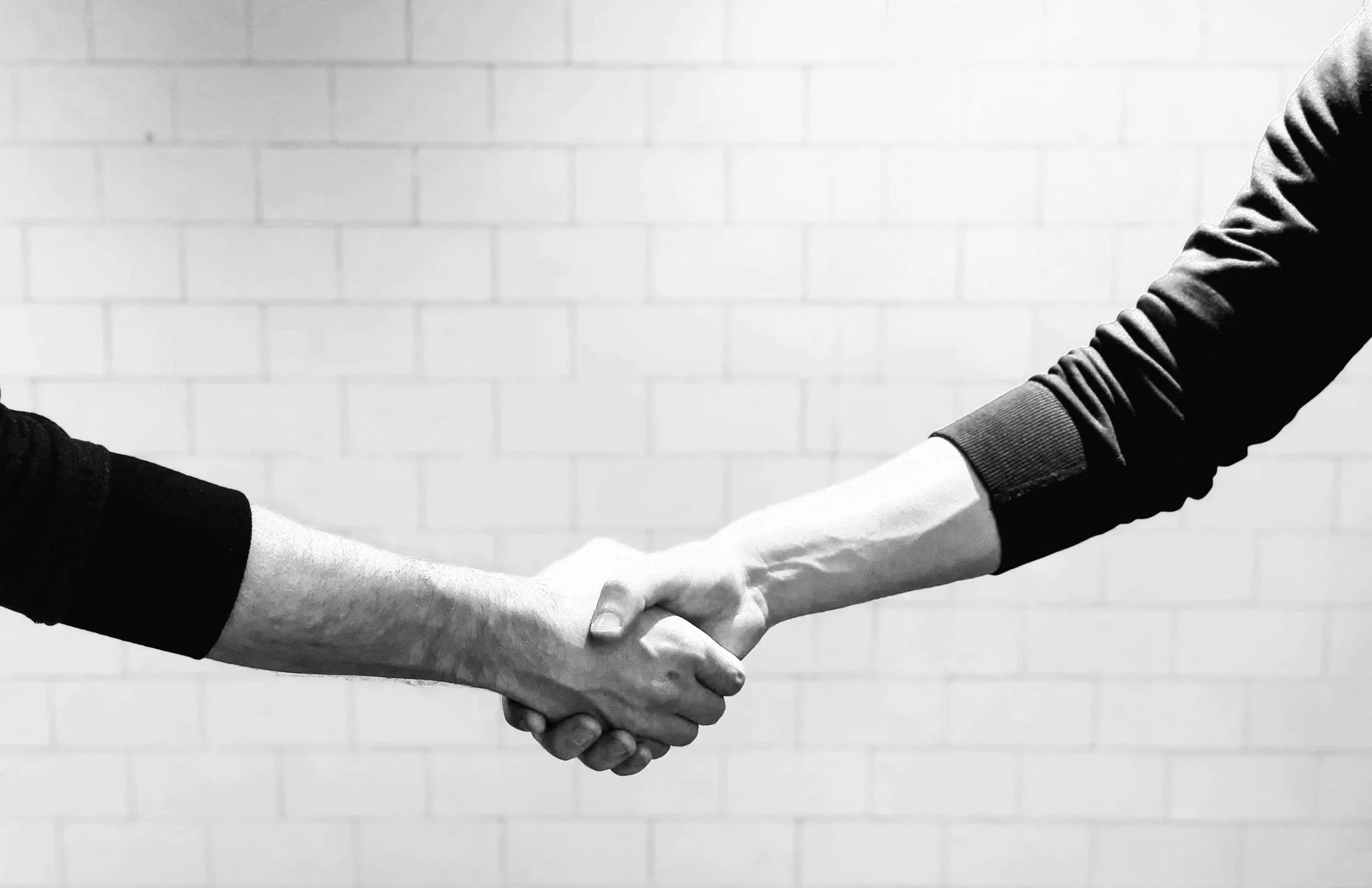 Black and white photo of two people shaking hands, against a brick wall background.