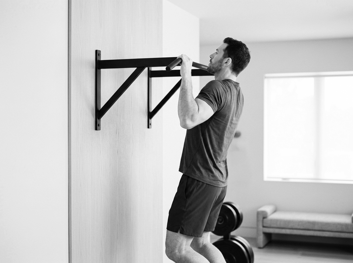 A man doing pull-ups on a wall-mounted pull-up bar in a home gym, with a window in the background.