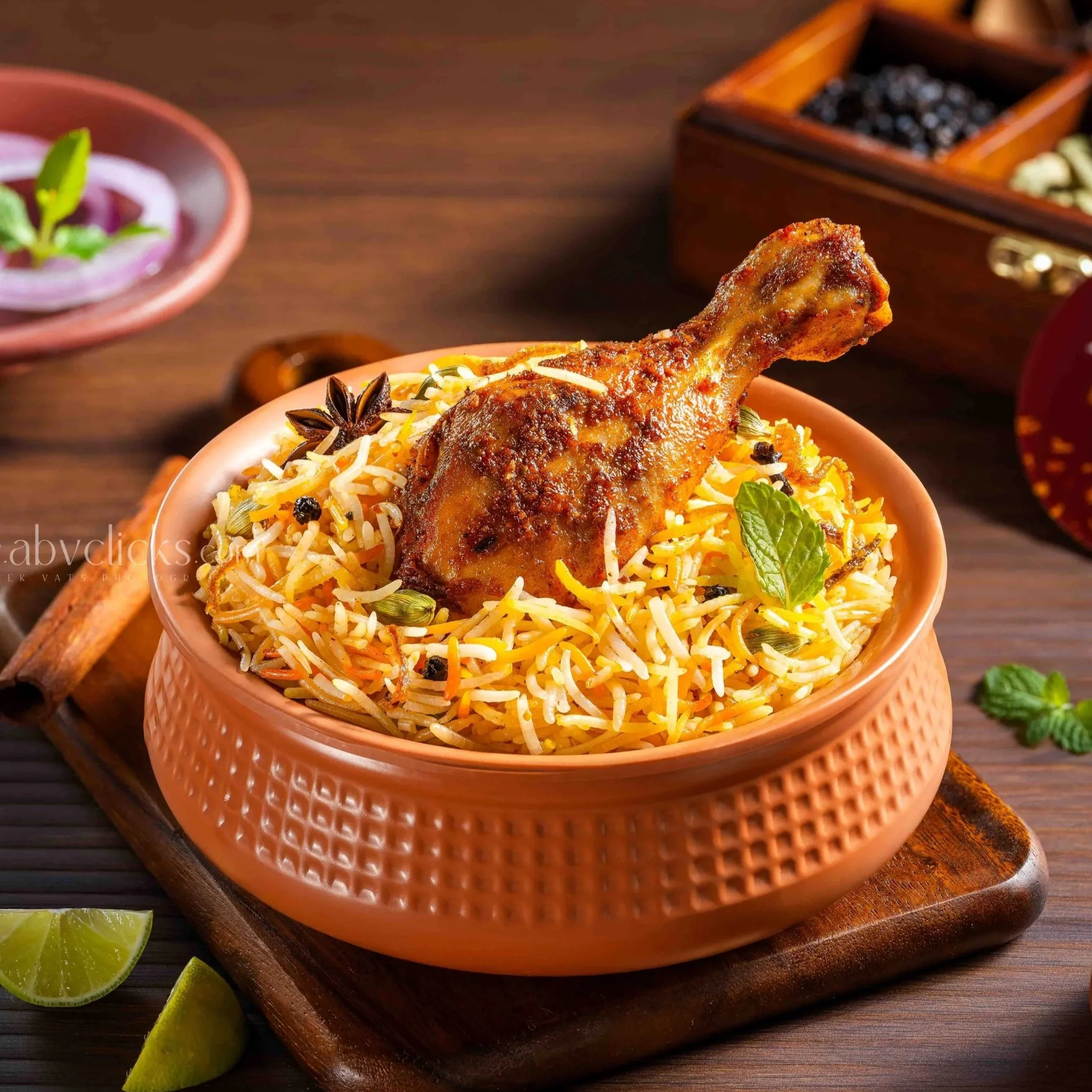 A dish of biryani rice with a cooked chicken leg on top, garnished with spices and herbs, served in an orange bowl on a wooden surface with lime wedges nearby.