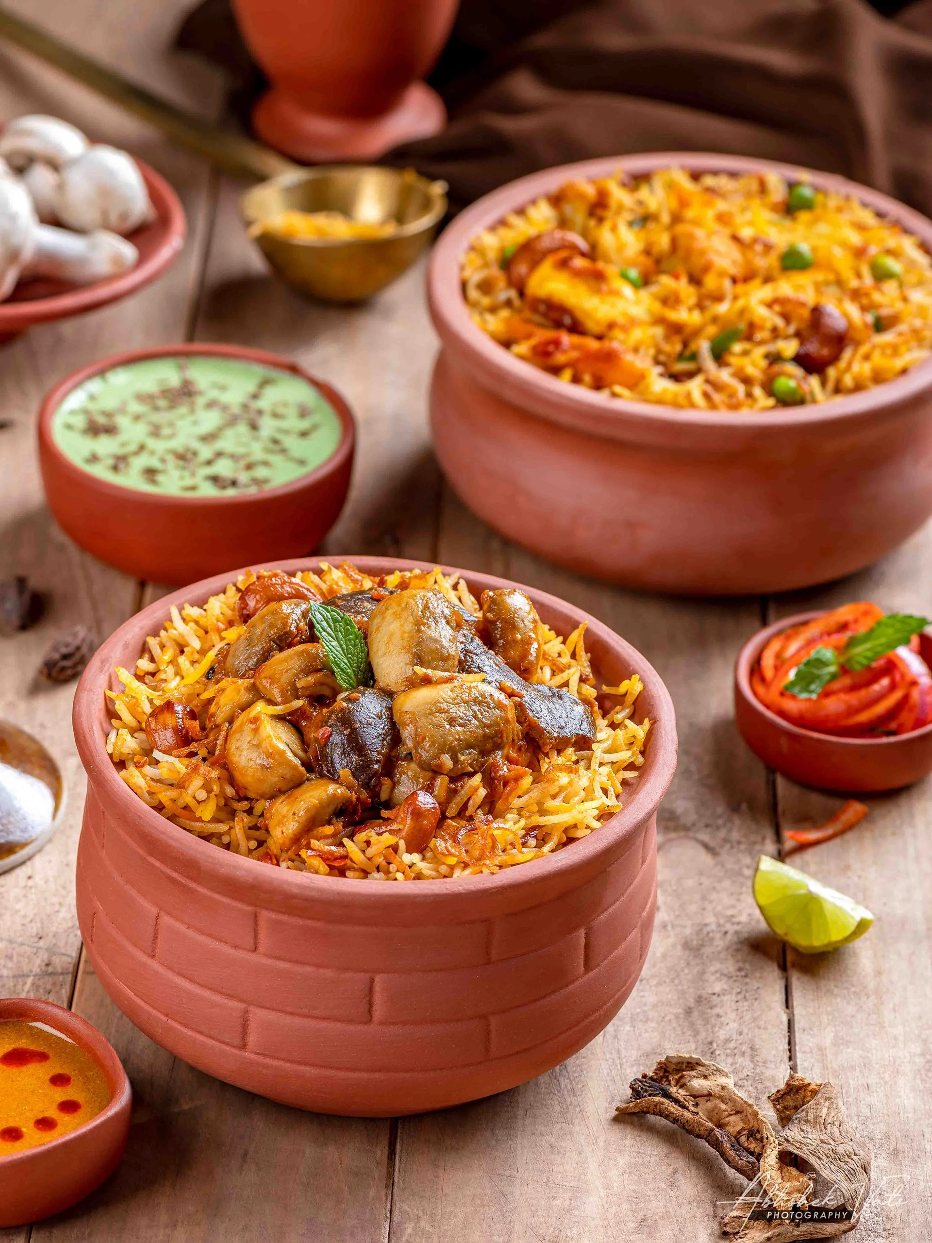 Close-up of a terracotta bowl filled with chicken biryani, garnished with a mint leaf on top. Around the bowl are small dishes of sauces, a bunch of garlic, a lime wedge, and some dried herbs on a rustic wooden table.