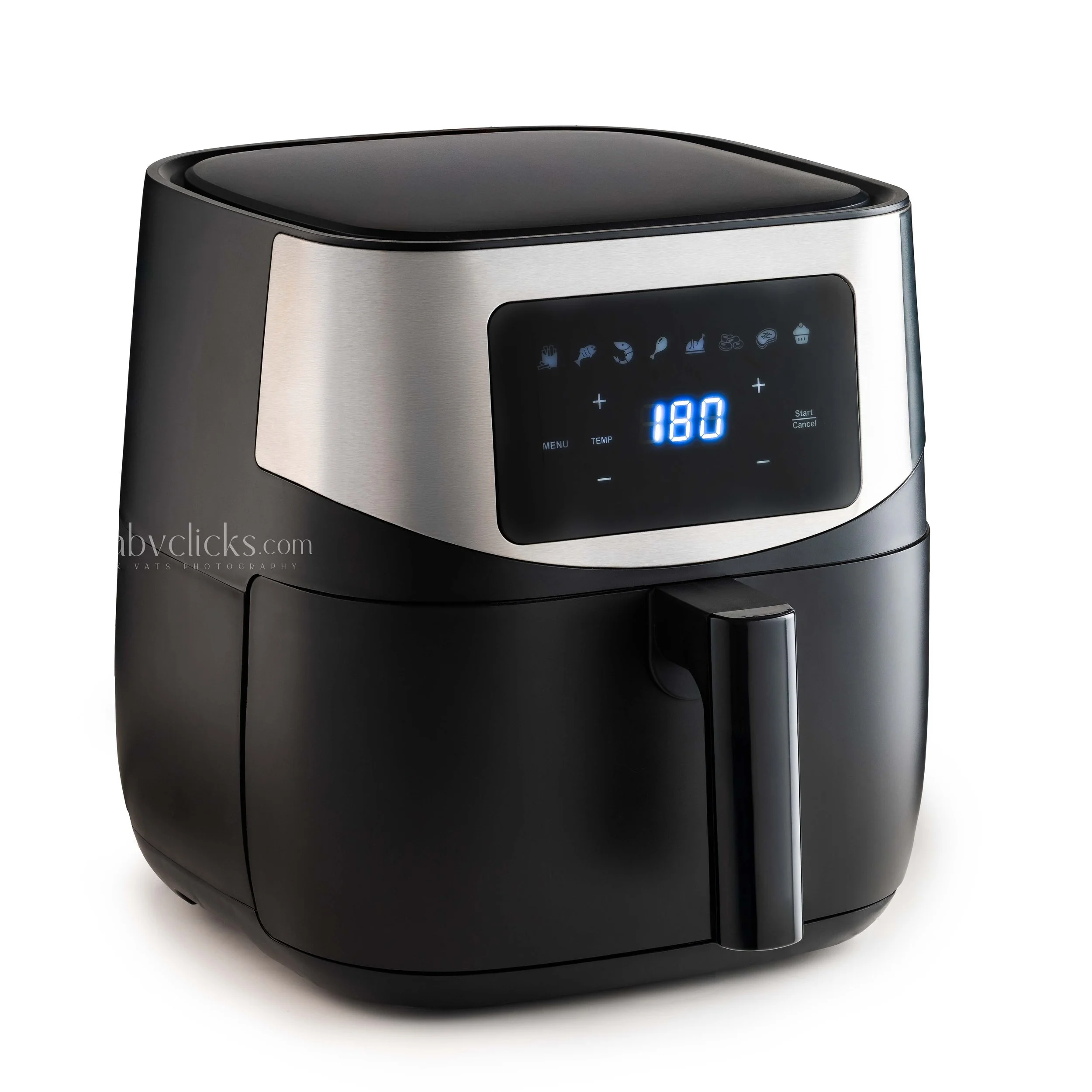 Modern multi-functional kitchen appliance with a digital display, showing a temperature of 180 degrees, and several icons indicating different cooking functions.