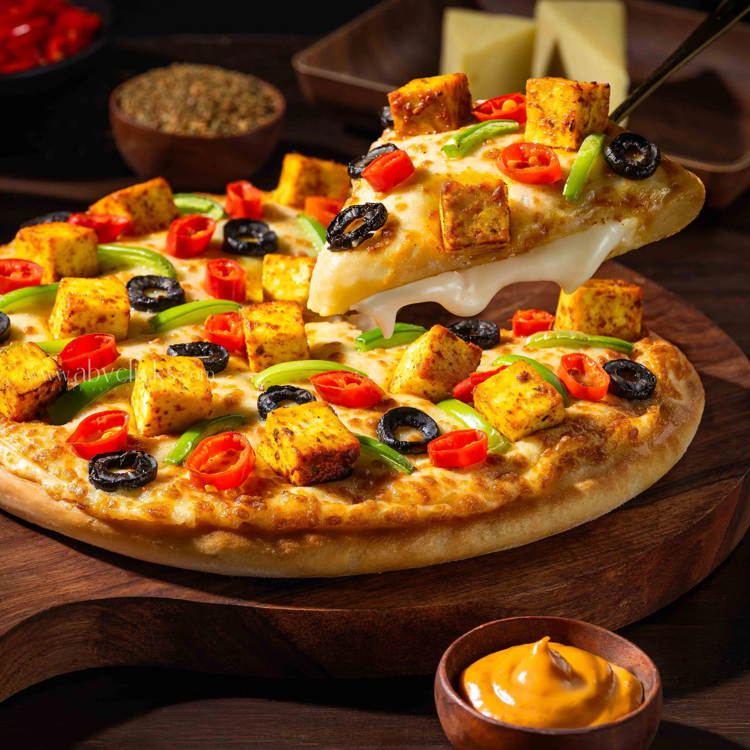 Close-up of a slice of pizza with cheese, black olives, red and green peppers, and seasoned tofu cubes on top, served on a dark wooden surface.