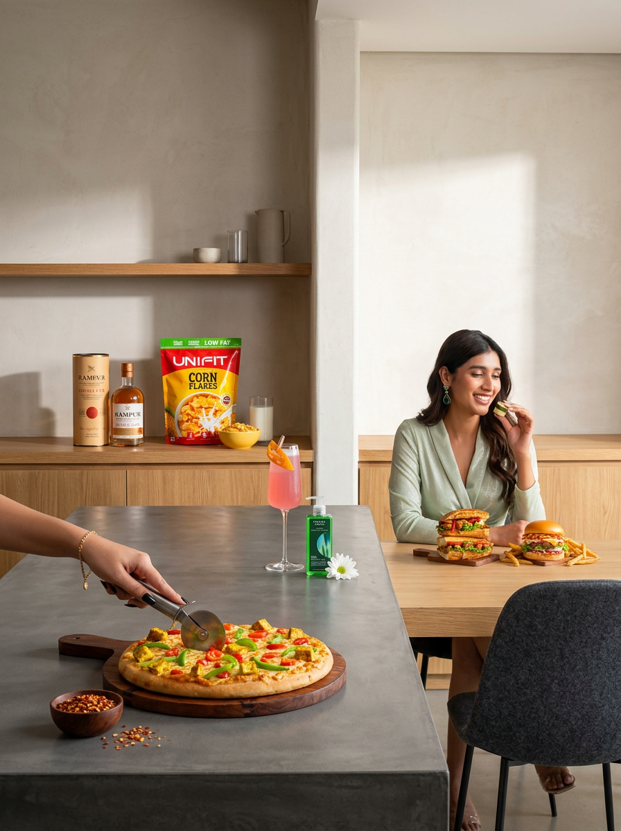 A woman sitting at a dining table, eating a burger, with two sandwiches and fries in front of her. A woman is slicing a pizza on a gray kitchen island, with a bowl of red pepper flakes nearby. A pink cocktail and hand sanitizer are also on the island. In the background, shelves hold cereal, snacks, and beverages; the room has a simple, modern design with natural lighting.