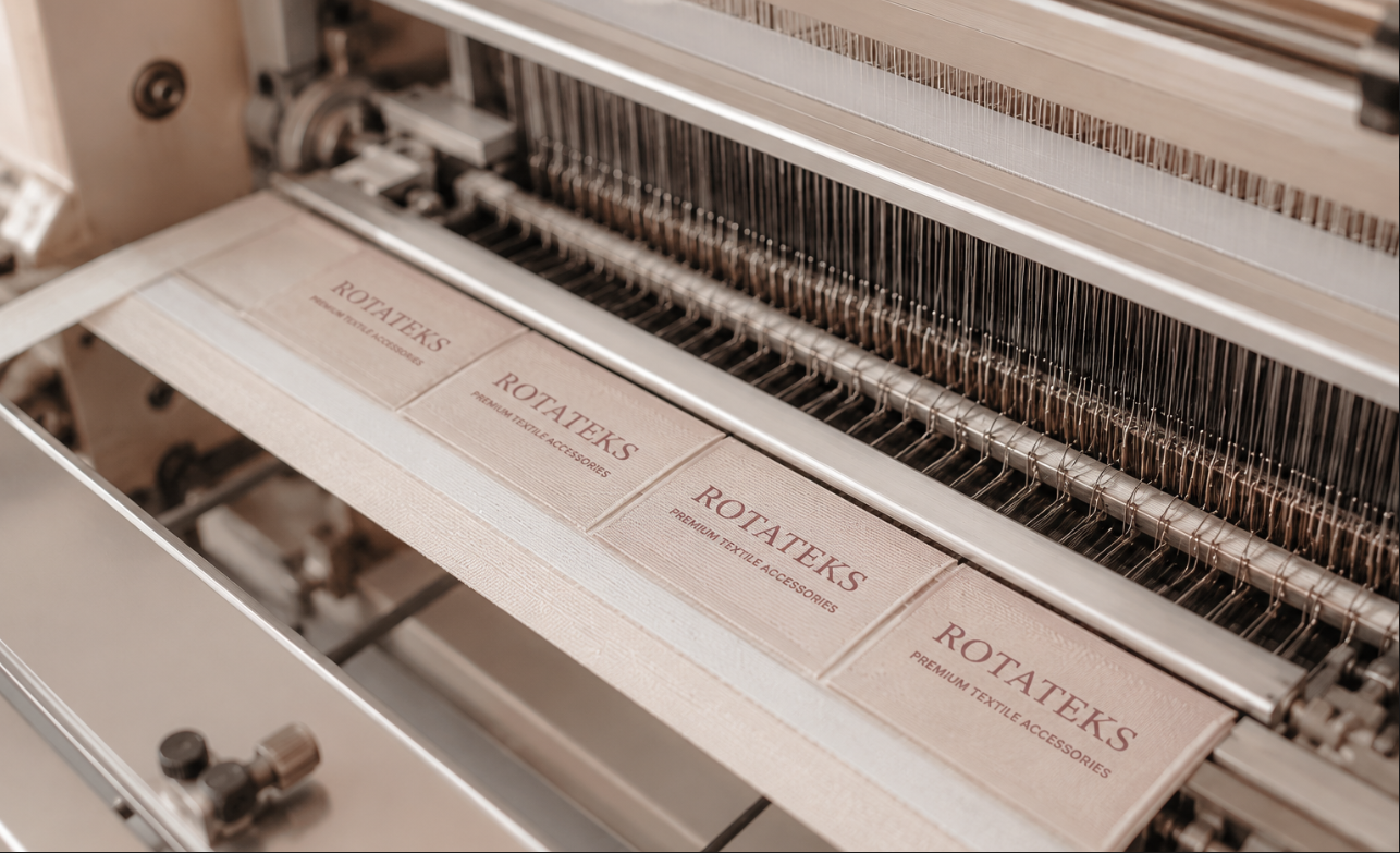 Textile manufacturing machine producing fabric labels that read "ROTATEKS PREMIUM TEXTILE ACCESSORIES".