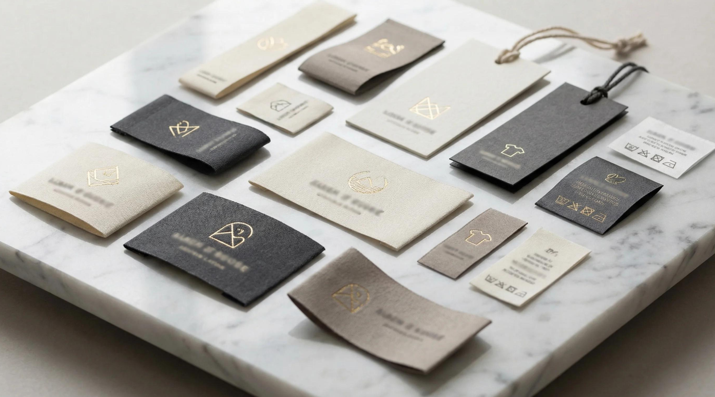 Collection of clothing and laundry care tags in various colors, some with gold foil symbols, laid out on a white marble surface.
