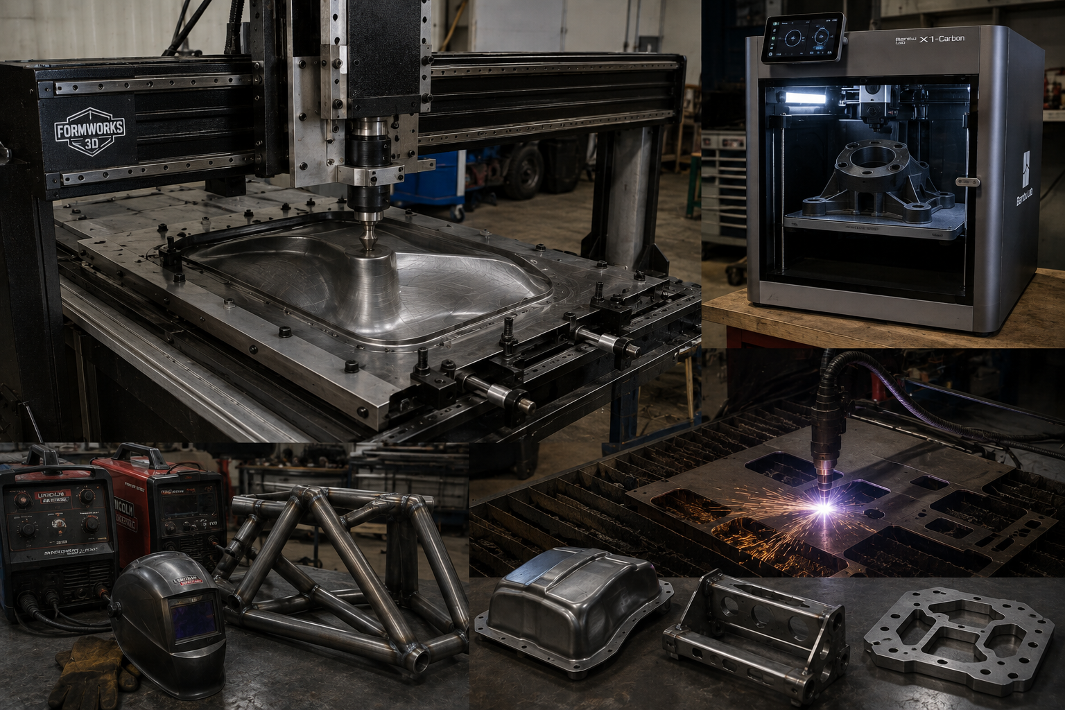 Various machines and equipment related to manufacturing and metalworking, including a CNC machine, a laser welding machine, welding tools, metal parts, and a protective welding helmet.