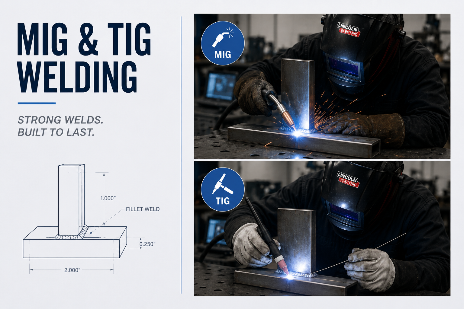 A promotional poster for MIG and TIG welding machines. The poster has a diagram showing welding specifications, paired with two photographs of a welder in safety gear, including a welding helmet, working on metal pieces. The top photo depicts arc welding, and the bottom photo shows TIG welding. The poster emphasizes strong, durable welds.