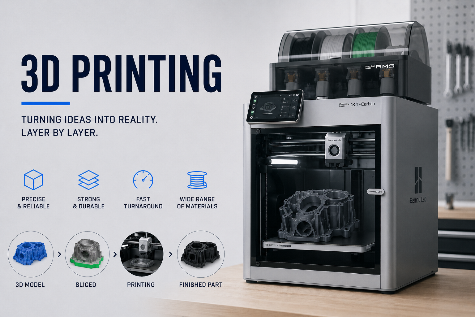 3D printer with a display screen next to an infographic showing the 3D printing process, including 3D model, sliced file, printing, and finished part, emphasizing precision, durability, fast turnaround, and wide material range.