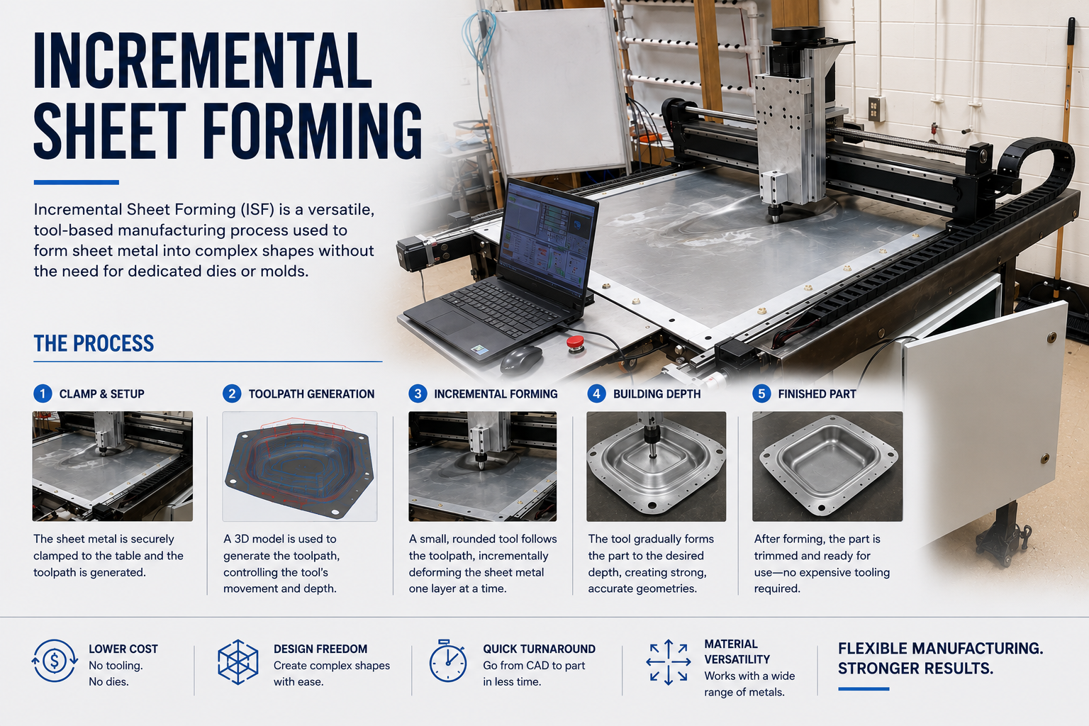 An informational poster and a CNC machine in a workshop. The poster explains the incremental sheet forming process, with steps and benefits, including clamp setup, toolpath generation, incremental forming, building depth, and finished parts.
