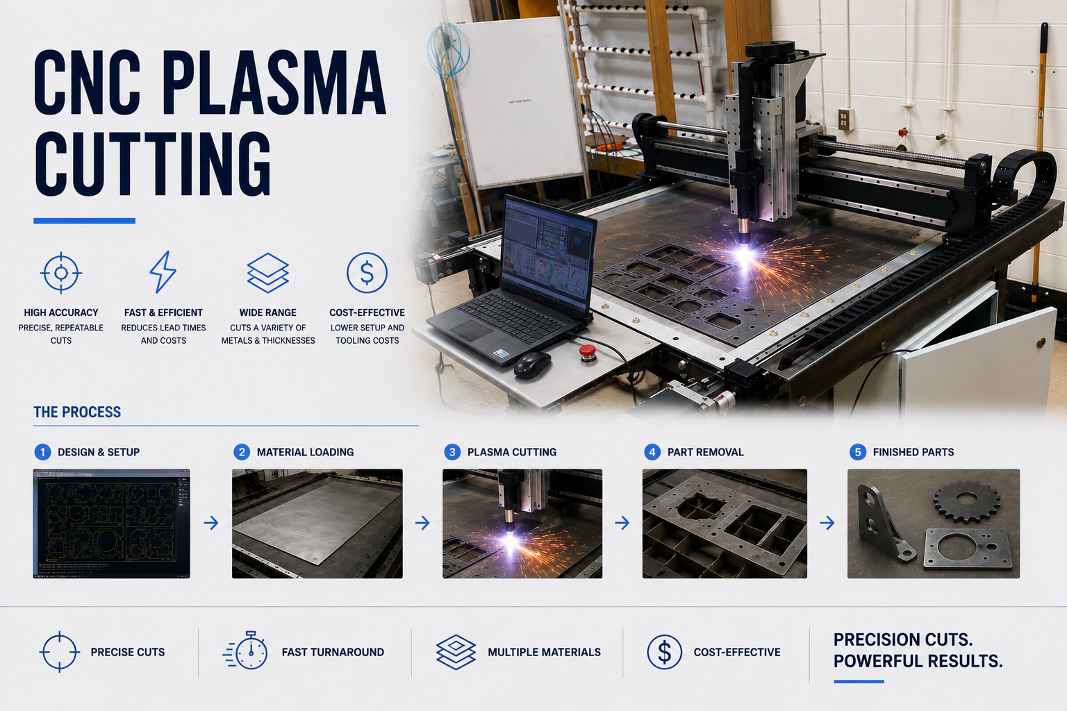 A promotional graphic for CNC plasma cutting shows a photo of a CNC plasma cutter in operation, cutting metal sheet. The graphic includes icons and text highlighting features like high accuracy, efficiency, and a wide range of materials, along with a five-step process diagram: design and setup, material loading, plasma cutting, part removal, and finished parts.