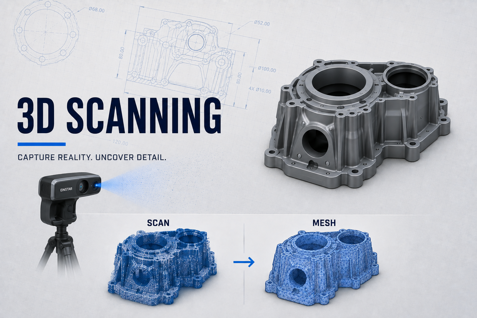 A digital illustration demonstrating 3D scanning technology. It shows a 3D scanner on a tripod capturing a metallic engine component, with a detailed blueprint in the background. The illustration includes a blue wireframe model of the part, labeled as 'mesh', and a point cloud model labeled as 'scan', highlighting the process of creating detailed 3D representations of physical objects.