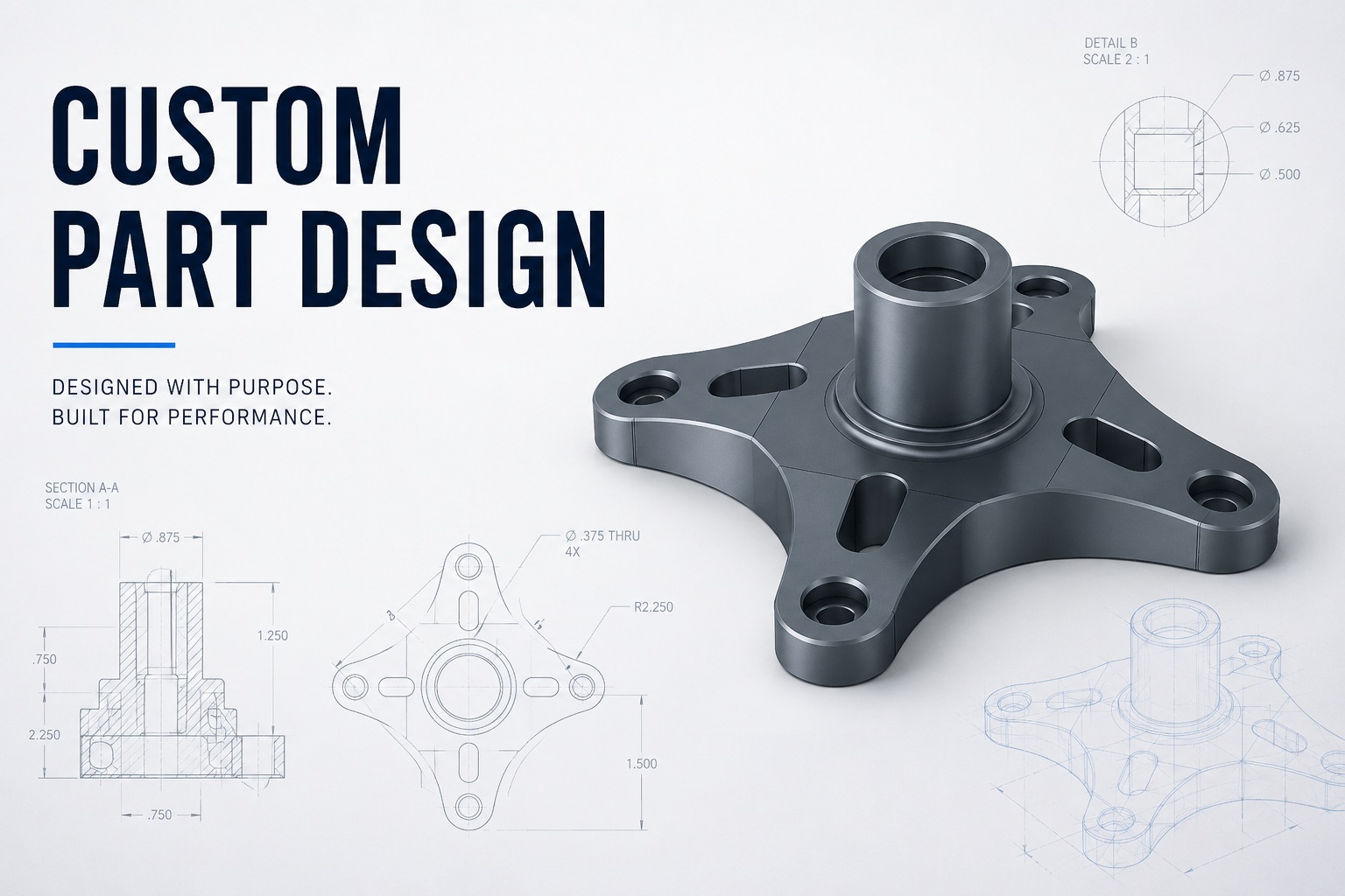 A technical drawing and 3D model of a custom mechanical part with text that reads 'Custom Part Design' and 'Designed with purpose. Built for performance.' The drawing includes detailed measurements and schematics of the part.