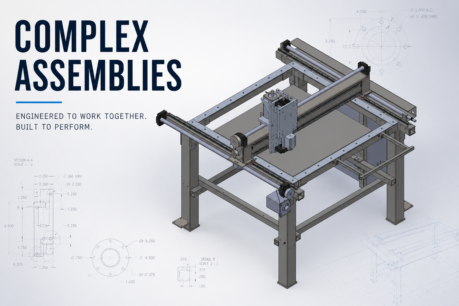 Illustration of complex machinery assembly with metal framework, rails, and mechanical components on a technical blueprint background.