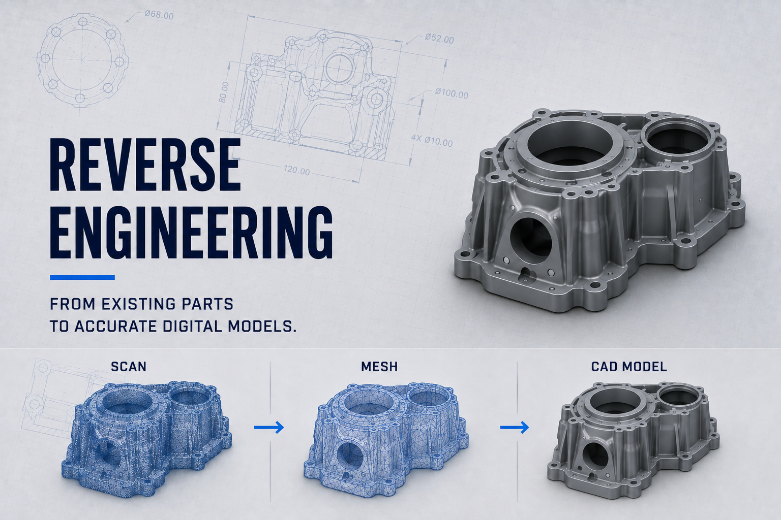 Diagram showing the process of reverse engineering a mechanical part from existing parts to accurate digital models, including steps of scanning, meshing, and creating a CAD model of the part.