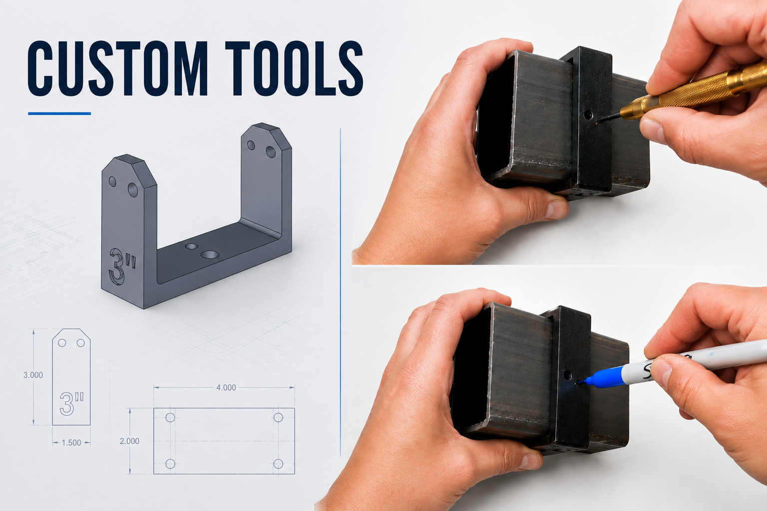 A diagram of a metal bracket labeled '3"', with technical dimensions, and two photos showing hands drilling and marking holes on a black metal piece with a marker and a drill.