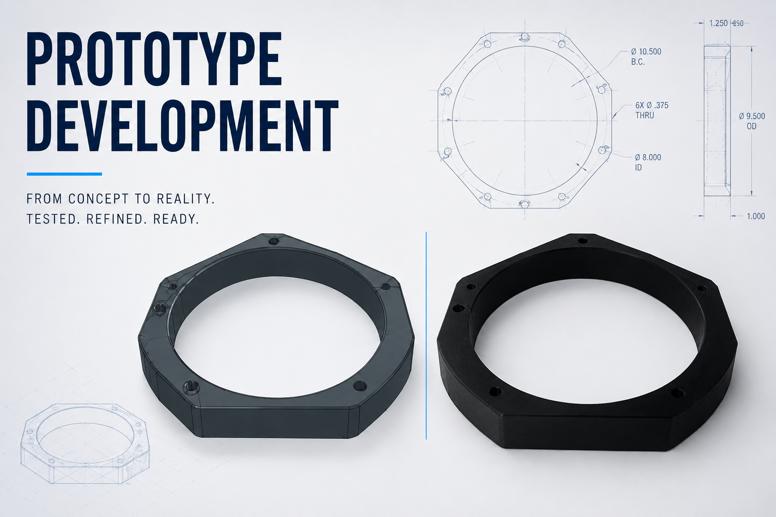 Diagram of a mechanical part with two 3D renderings, technical drawings, and detailed measurements, representing prototype development.