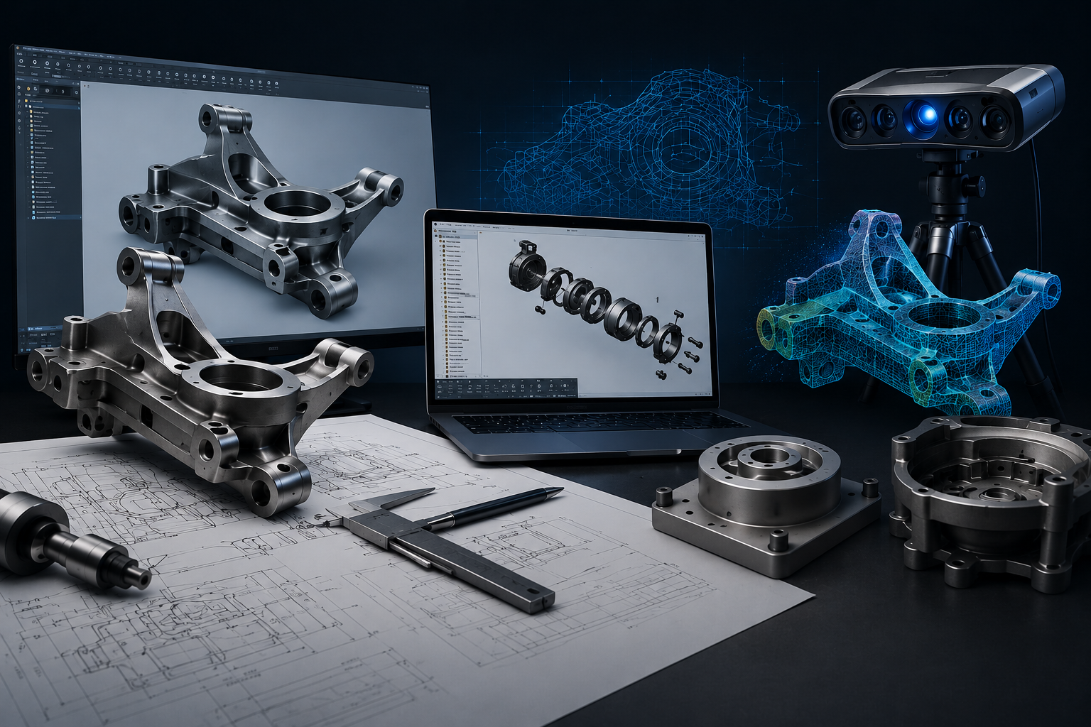 Engineering workspace with metal mechanical parts, technical drawings, CAD software on computers, and 3D scans of parts, indicative of product design and engineering.