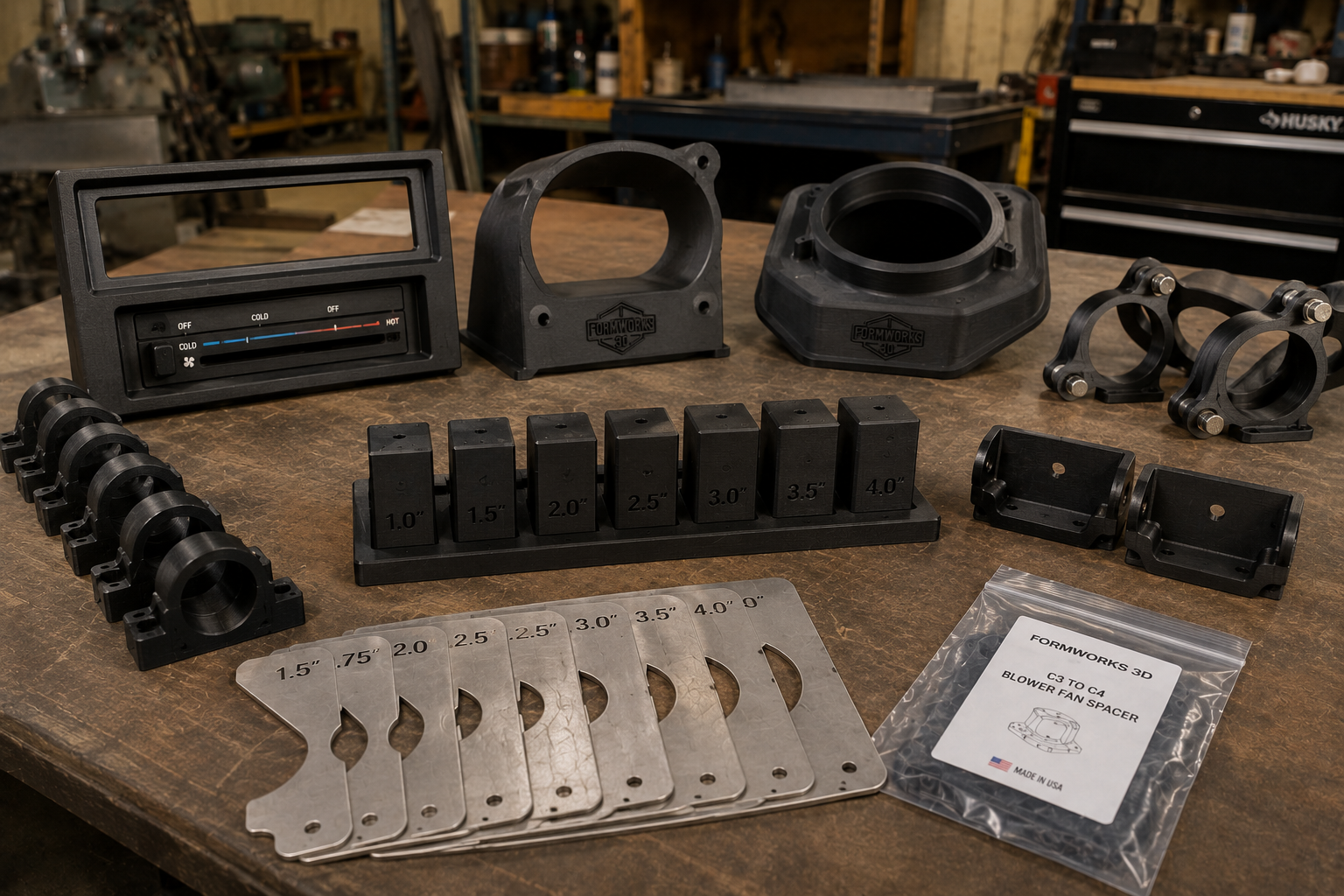 Various black plastic and metal mechanical parts, including a temperature control panel, gauge brackets, pipe fittings, spacers with different sizes labeled from 1.0 to 4.0 inches, and a plastic bag with a label reading "Formworks 3D C3 to C4 Blower Fan Spacer" on a wooden workbench in a workshop.