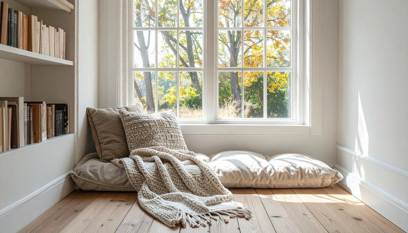 Calm reading nook by a window with books, cushions and a knitted blanket